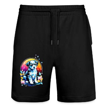 Cute puppy with lotus flowers - Stanley/Stella Trainer Unisex Organic Jogging Shorts - black - Front - Nik (191cm) & Marisol (170cm)