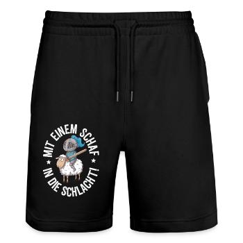 Schaf Spruch Siedler - Stanley/Stella Unisex Bio Joggingshorts Trainer  - Schwarz - Vorne - Nik (191cm) & Marisol (170cm)