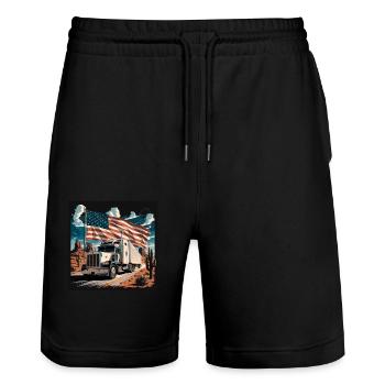 American Truckers für einen LKW Fahrer - Stanley/Stella Unisex Bio Joggingshorts Trainer  - Schwarz - Vorne - Nik (191cm) & Marisol (170cm)