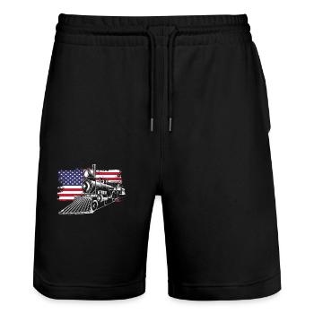 American steam locomotive in front of the US flag - Stanley/Stella Trainer Unisex Organic Jogging Shorts - black - Front - Nik (191cm) & Marisol (170cm)