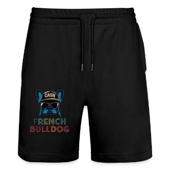 Französische Bulldogge Hund Mops - Stanley/Stella Unisex Bio Joggingshorts Trainer  - Schwarz - Vorne - Nik (191cm) & Marisol (170cm)