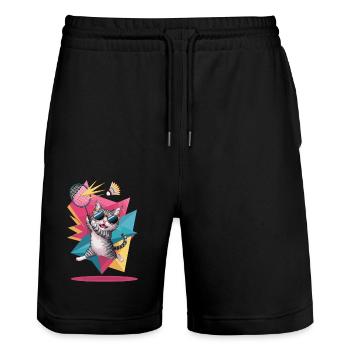 Chat cool avec des lunettes de soleil faisant du badminton - Short de jogging bio TRAINER Stanley/Stella unisexe - noir - Devant - Nik (191cm) & Marisol (170cm)
