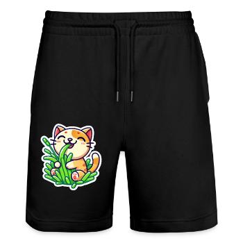 Chat roux mignon mangeant de l’herbe verte - Short de jogging bio TRAINER Stanley/Stella unisexe - noir - Devant - Nik (191cm) & Marisol (170cm)