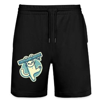 Glückliche weiße Katze, die an einem Ast hängt - Stanley/Stella Unisex Bio Joggingshorts Trainer  - Schwarz - Vorne - Nik (191cm) & Marisol (170cm)