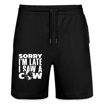 Sorry, I'm late, I've got a cow - Stanley/Stella Trainer Unisex Organic Jogging Shorts - black - Front - Nik (191cm) & Marisol (170cm)