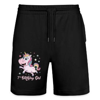 Licorne drôle 7e anniversaire fille - Short de jogging bio TRAINER Stanley/Stella unisexe - noir - Devant - Nik (191cm) & Marisol (170cm)