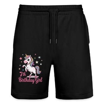 Licorne drôle 7e anniversaire fille - Short de jogging bio TRAINER Stanley/Stella unisexe - noir - Devant - Nik (191cm) & Marisol (170cm)