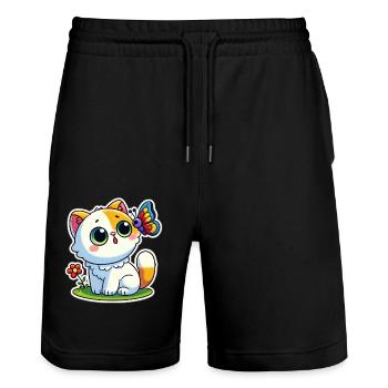 Un chat mignon est surpris de voir un papillon - Short de jogging bio TRAINER Stanley/Stella unisexe - noir - Devant - Nik (191cm) & Marisol (170cm)