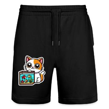 Süße rotweiße Katze sitzt am Aquarium - Stanley/Stella Unisex Bio Joggingshorts Trainer  - Schwarz - Vorne - Nik (191cm) & Marisol (170cm)