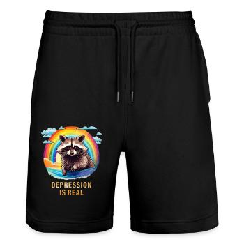 WASCHBÄR DEPRESSION IS REAL - Stanley/Stella Unisex Bio Joggingshorts Trainer  - Schwarz - Vorne - Nik (191cm) & Marisol (170cm)