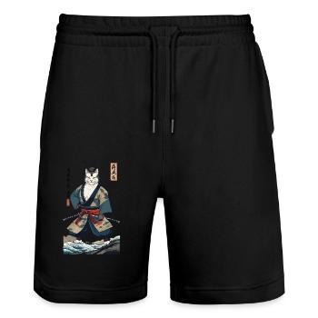 Samurai Cat Vintage Ukiyo-E Japanese - Stanley/Stella Trainer Unisex Organic Jogging Shorts - black - Front - Nik (191cm) & Marisol (170cm)