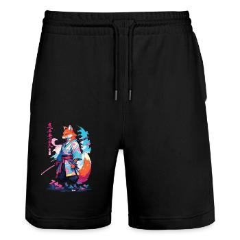Kitsune Samurai Fuchs Aesthetic Vaporwave Stil - Stanley/Stella Unisex Bio Joggingshorts Trainer  - Schwarz - Vorne - Nik (191cm) & Marisol (170cm)