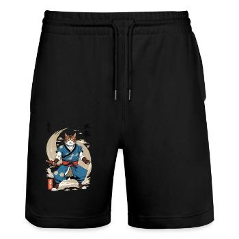 Samurai Cat Vintage Ukiyo-E Japanese - Stanley/Stella Trainer Unisex Organic Jogging Shorts - black - Front - Nik (191cm) & Marisol (170cm)