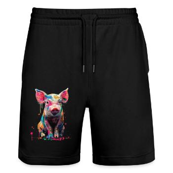 Pig - Stanley/Stella Trainer Unisex Organic Jogging Shorts - black - Front - Nik (191cm) & Marisol (170cm)