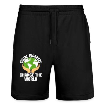 Social workers change the world - Stanley/Stella Trainer Unisex Organic Jogging Shorts - black - Front - Nik (191cm) & Marisol (170cm)