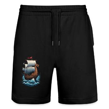 Viking Dragon Boat on the High Seas - Stanley/Stella Trainer Unisex Organic Jogging Shorts - black - Front - Nik (191cm) & Marisol (170cm)