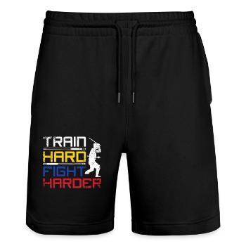 Train hard fight harder Escrima - Stanley/Stella Unisex Bio Joggingshorts Trainer  - Schwarz - Vorne - Nik (191cm) & Marisol (170cm)