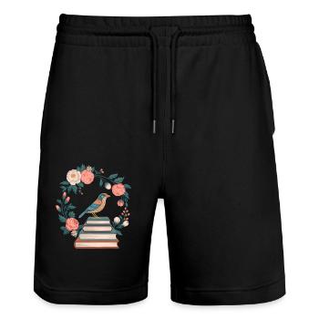 Cottagecore Bird and Flowers Stack of Books - Stanley/Stella Trainer Unisex Organic Jogging Shorts - black - Front - Nik (191cm) & Marisol (170cm)