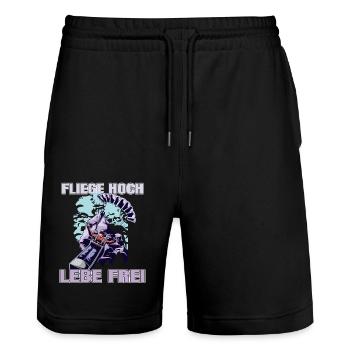 Fly high, live free - Stanley/Stella Trainer Unisex Organic Jogging Shorts - black - Front - Nik (191cm) & Marisol (170cm)