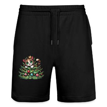 Weihnachtsbaum Katze Weihnachtsmann Comic - Stanley/Stella Unisex Bio Joggingshorts Trainer  - Schwarz - Vorne - Nik (191cm) & Marisol (170cm)