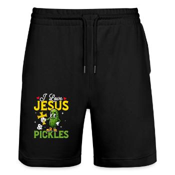 I Love Jesus & Pickles Cucumber Vegan Pickle - Stanley/Stella Unisex Bio Joggingshorts Trainer  - Schwarz - Vorne - Nik (191cm) & Marisol (170cm)