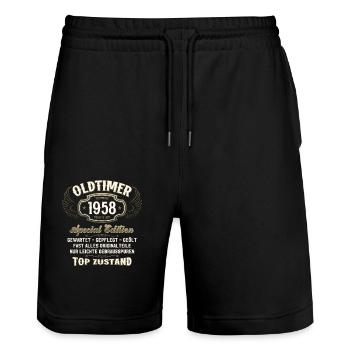 66. Geburtstag Oldtimer November 1958 Jahrgang 58 - Stanley/Stella Unisex Bio Joggingshorts Trainer  - Schwarz - Vorne - Nik (191cm) & Marisol (170cm)