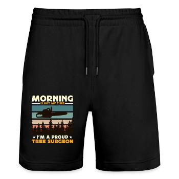 Chirurgiens arboricoles Le matin n'est pas mon heure, je suis arboriculteur - Short de jogging bio TRAINER Stanley/Stella unisexe - noir - Devant - Nik (191cm) & Marisol (170cm)