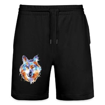 Funny Colorful Wolf Face - Stanley/Stella Trainer Unisex Organic Jogging Shorts - black - Front - Nik (191cm) & Marisol (170cm)