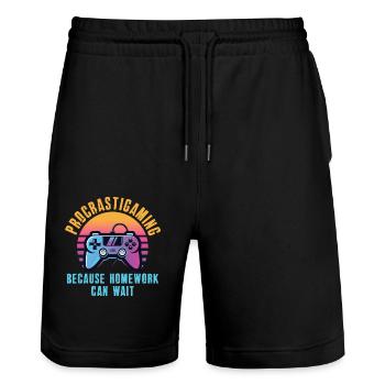 Gamer Procrastigame Homework Gaming - Stanley/Stella Unisex Bio Joggingshorts Trainer  - Schwarz - Vorne - Nik (191cm) & Marisol (170cm)