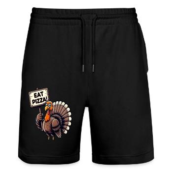 Lustiges Truthahn "Pizza essen" Design - Stanley/Stella Unisex Bio Joggingshorts Trainer  - Schwarz - Vorne - Nik (191cm) & Marisol (170cm)