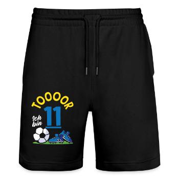 Goal Football I'm 11 Children's Birthday Party - Stanley/Stella Trainer Unisex Organic Jogging Shorts - black - Front - Nik (191cm) & Marisol (170cm)