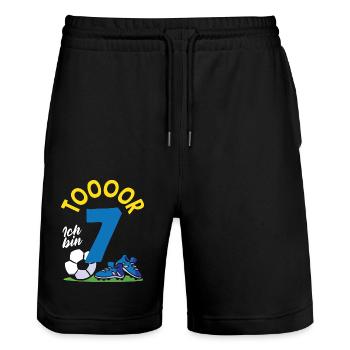Tor Fußball Ich bin 7 Kindergeburtstag - Stanley/Stella Unisex Bio Joggingshorts Trainer  - Schwarz - Vorne - Nik (191cm) & Marisol (170cm)