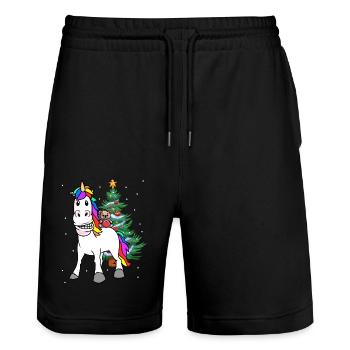 Weihnachten Kind Kinder Bescherung Einhorn Teddy - Stanley/Stella Unisex Bio Joggingshorts Trainer  - Schwarz - Vorne - Nik (191cm) & Marisol (170cm)