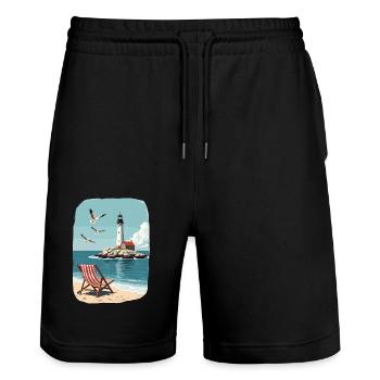 Liegestuhl Strandstuhl und Leuchtturm Ozean Szene - Stanley/Stella Unisex Bio Joggingshorts Trainer  - Schwarz - Vorne - Nik (191cm) & Marisol (170cm)