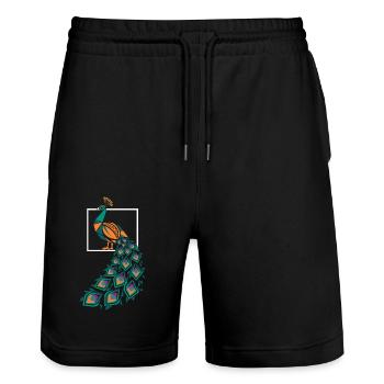 Geometrische Bauernhof Tiergrafik Pfau Kunst - Stanley/Stella Unisex Bio Joggingshorts Trainer  - Schwarz - Vorne - Nik (191cm) & Marisol (170cm)