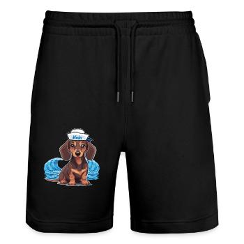 Dackel Hund Hunde Matrose maritim Hund - Stanley/Stella Unisex Bio Joggingshorts Trainer  - Schwarz - Vorne - Nik (191cm) & Marisol (170cm)