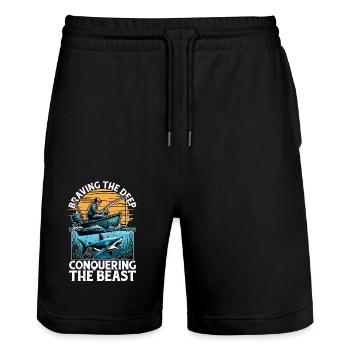 Shark Hunting Braving The Deep Loves Paleontology - Stanley/Stella Unisex Bio Joggingshorts Trainer  - Schwarz - Vorne - Nik (191cm) & Marisol (170cm)