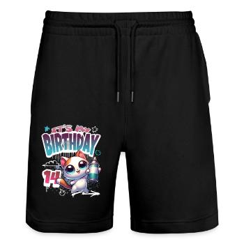 14th Birthday Cat Graffiti - Stanley/Stella Trainer Unisex Organic Jogging Shorts - black - Front - Nik (191cm) & Marisol (170cm)