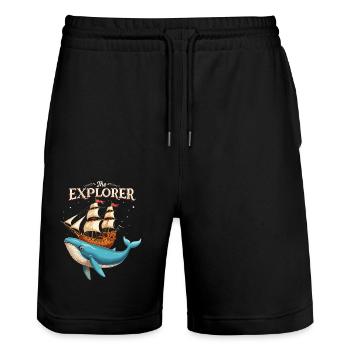 Nautisches Abenteuer mit Wal und Schiff - Stanley/Stella Unisex Bio Joggingshorts Trainer  - Schwarz - Vorne - Nik (191cm) & Marisol (170cm)