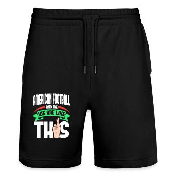 American Football Me Are Like - Stanley/Stella Trainer Unisex Organic Jogging Shorts - black - Front - Nik (191cm) & Marisol (170cm)