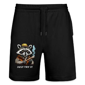 RACCOON JOINT JUST TRY IT - Stanley/Stella Trainer Unisex Organic Jogging Shorts - black - Front - Nik (191cm) & Marisol (170cm)