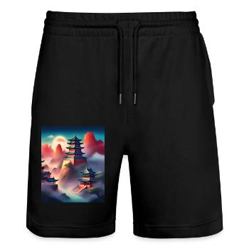 Japanische Burgen auf Bergen - Stanley/Stella Unisex Bio Joggingshorts Trainer  - Schwarz - Vorne - Nik (191cm) & Marisol (170cm)