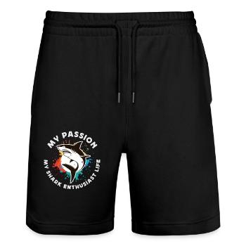 Passionné de requins, ma passion, mon biologiste marin - Short de jogging bio TRAINER Stanley/Stella unisexe - noir - Devant - Nik (191cm) & Marisol (170cm)