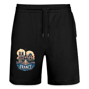 Paris Eiffelturm Bonjour Souvenirs - Stanley/Stella Unisex Bio Joggingshorts Trainer  - Schwarz - Vorne - Nik (191cm) & Marisol (170cm)