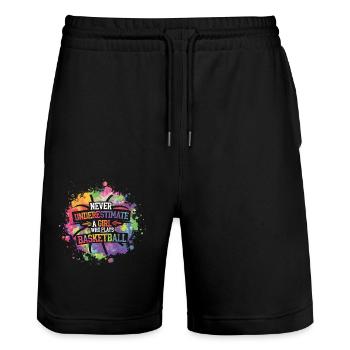Never Underestimate A Girl Who Plays Basketball - Stanley/Stella Unisex Bio Joggingshorts Trainer  - Schwarz - Vorne - Nik (191cm) & Marisol (170cm)