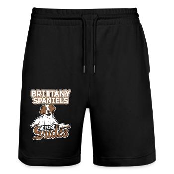 Brittany Spaniel Before Dudes - Stanley/Stella Trainer Unisex Organic Jogging Shorts - black - Front - Nik (191cm) & Marisol (170cm)