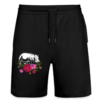 Hippo With Flowers - Stanley/Stella Trainer Unisex Organic Jogging Shorts - black - Front - Nik (191cm) & Marisol (170cm)