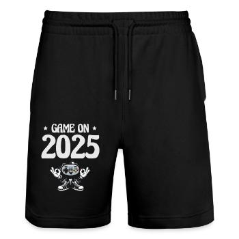 Game On 2025, l’enthousiasme pour le jeu, l’ du Nouvel An - Short de jogging bio TRAINER Stanley/Stella unisexe - noir - Devant - Nik (191cm) & Marisol (170cm)