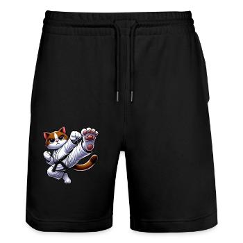 Cartoon Katze Martial Arts Kämpfer - Stanley/Stella Unisex Bio Joggingshorts Trainer  - Schwarz - Vorne - Nik (191cm) & Marisol (170cm)