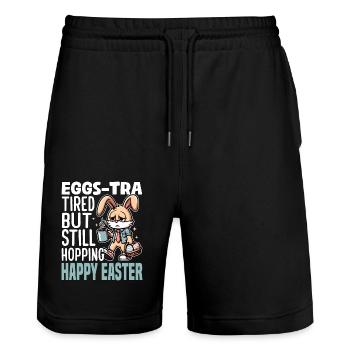 EGGS-TRA MÜDE, ABER IMMER NOCH HÜPFEND FROHE OSTERN - Stanley/Stella Unisex Bio Joggingshorts Trainer  - Schwarz - Vorne - Nik (191cm) & Marisol (170cm)